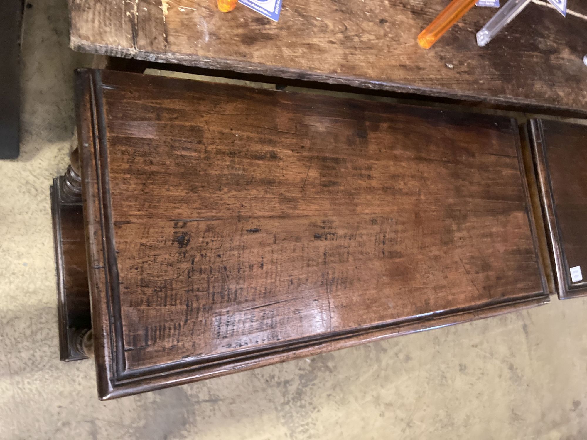 A pair of 17th century style rectangular oak two tier two drawer side tables, width 99cm, depth 46cm, height 76cm